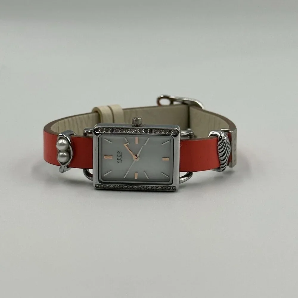 3/$30 Keep Collective Watch Women Silver Tone Orange Reversible Band New Battery